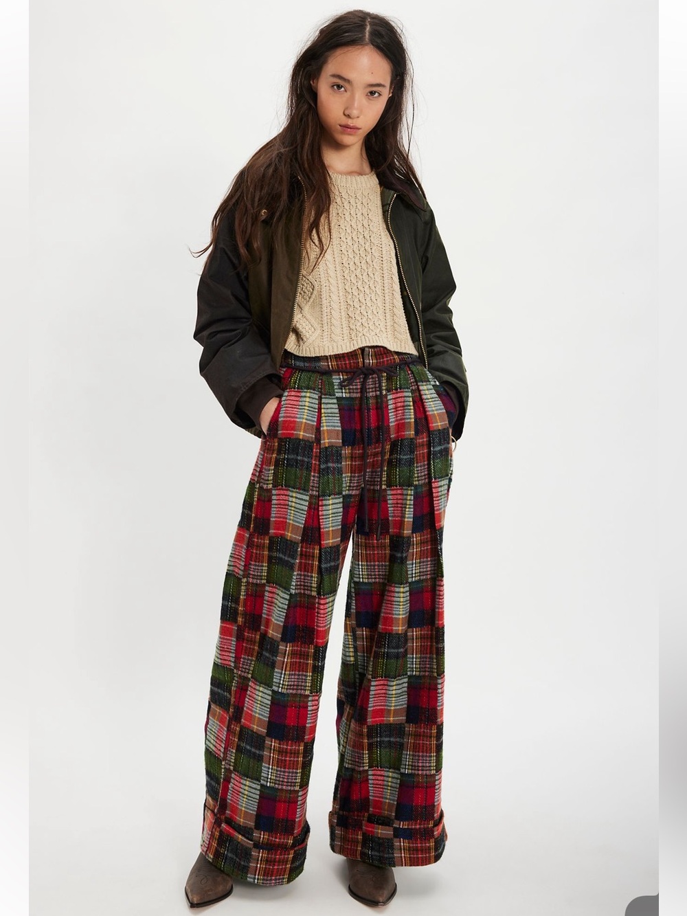 Free People Plaid Patchwork Trousers Size 12 NWT